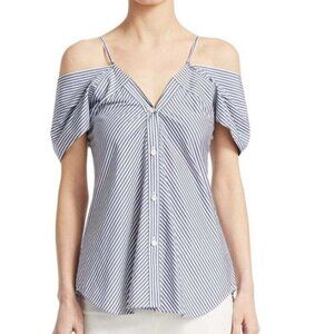 Theory Cotton Blouse Womens Small Blue Off Shoulder Cotton Striped Shirt Hartman